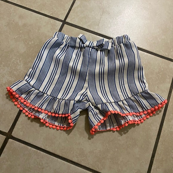 Girls Blue Stripe Ruffle Shorts with Coral Trim - Picture 2 of 2